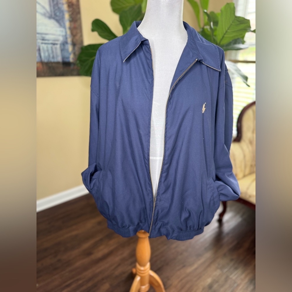 Vintage Ralph Lauren Navy Blue Harrington Bomber Jacket Men’s Plaid Lined XXL